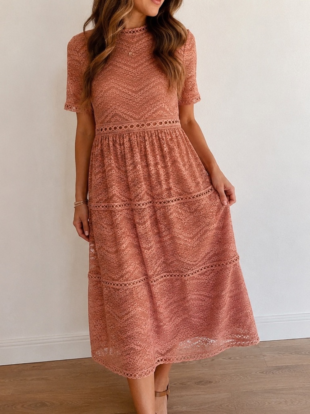 Polagram Lace Midi Dress in Dusty Rose